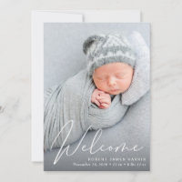 Welcome Photo White Script Birth Announcement