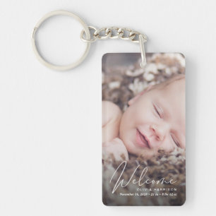 Welcome Photo White Script Birth Announcement Keychain