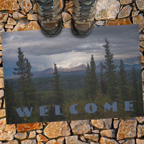 Welcome Photograph Illuminated Snowy Mountain Doormat