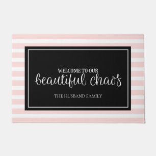 Welcome Pink and White Personalized Family Name Doormat