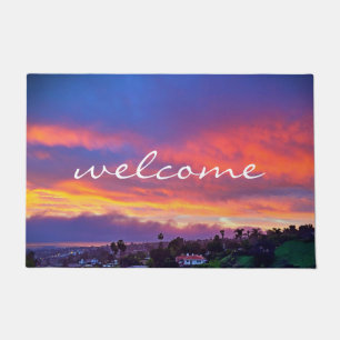 Welcome Pink Blue Yellow Sunset Coastal Photo  Doormat