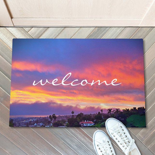 Welcome Pink Blue Yellow Sunset Coastal Photo  Doormat (Creator Uploaded)