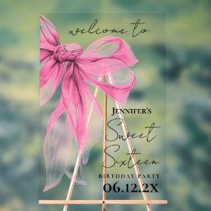 Welcome Pink Bow Coquette Script Sweet 16 Party Acrylic Sign