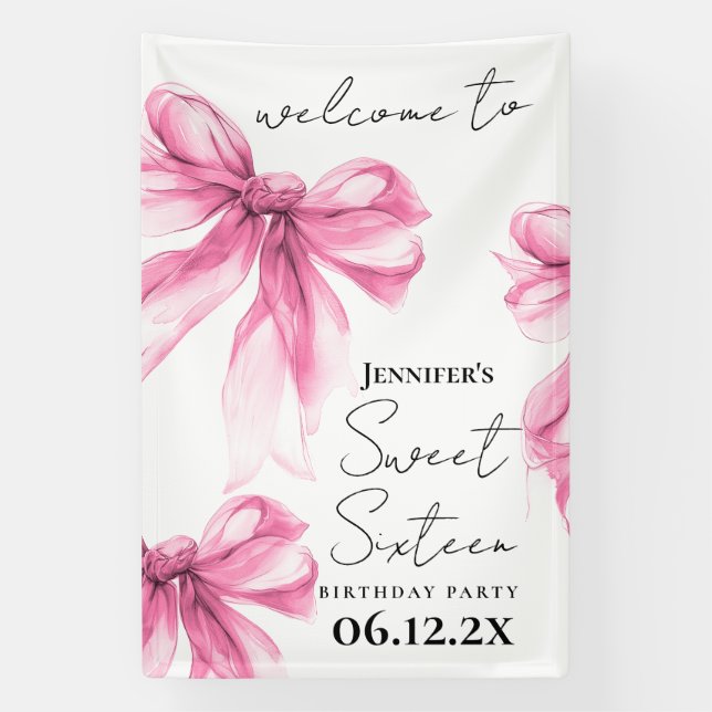 Welcome Pink Bow Coquette Script Sweet 16 Party Banner (Vertical)