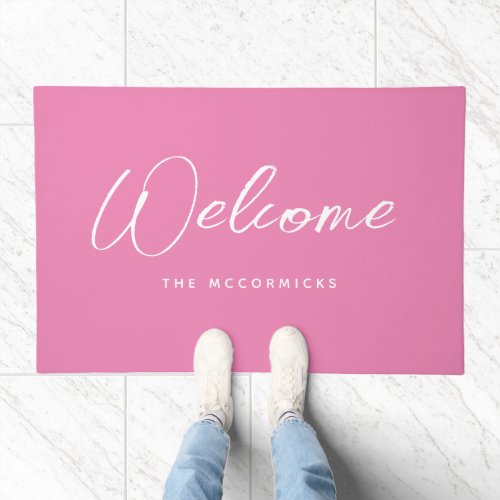 Welcome Pink Chic Script Personalized Doormat