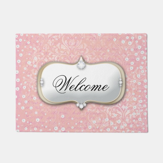 Welcome Pink Damask Pearl Monogram Doormat (Front)