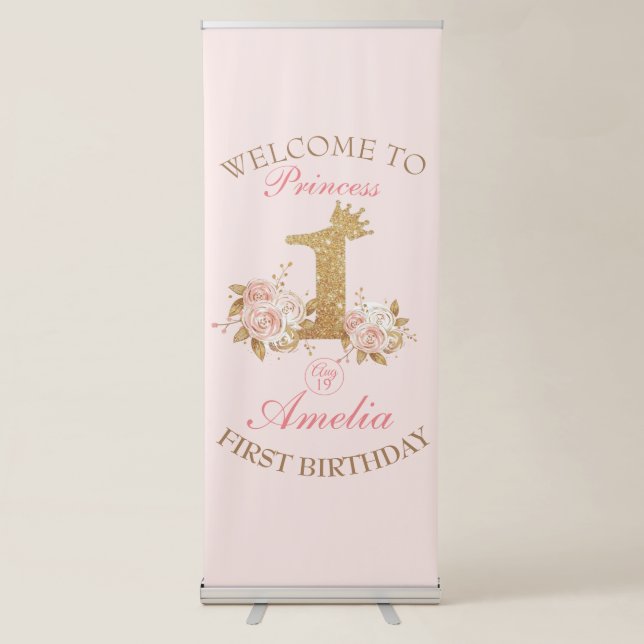 Welcome Pink Gold Crown Princess 1st Birthday  Retractable Banner (Front)