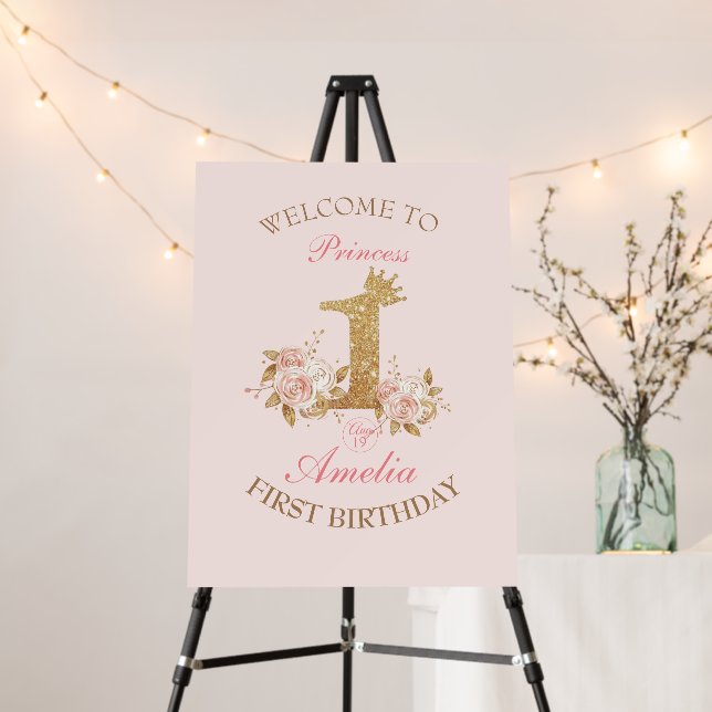 Welcome Pink Gold Crown Princess 1st Birthday Sign (In Situ (Stand))