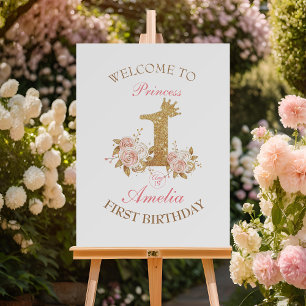 Welcome Pink Gold Crown Princess 1st Birthday Sign