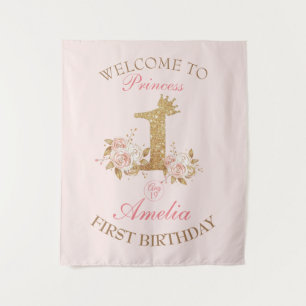 Welcome Pink Gold Crown Princess 1st Birthday  Tapestry
