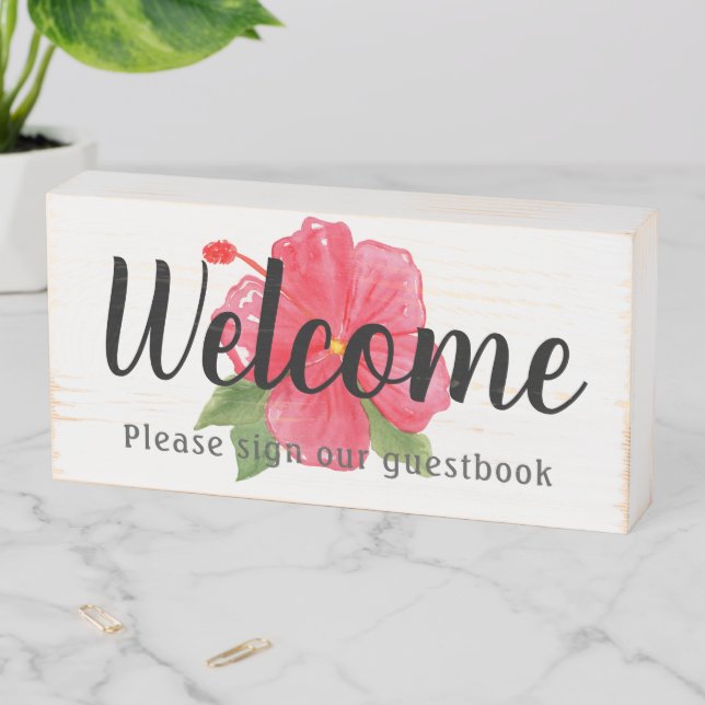 Welcome Pink Hibiscus Guestbook Customizable Wooden Box Sign (In Situ Horizontal)