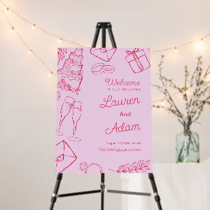Welcome Pink & Red Cute Hand Drawn Wedding Foam Board