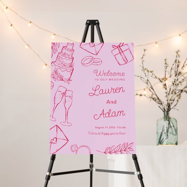 Welcome Pink & Red Cute Hand Drawn Wedding Foam Board (In Situ (Stand))