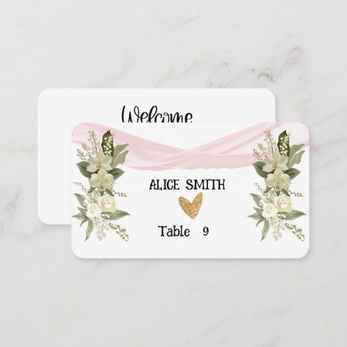 Welcome Pink Ribbon and White Rose Place Card