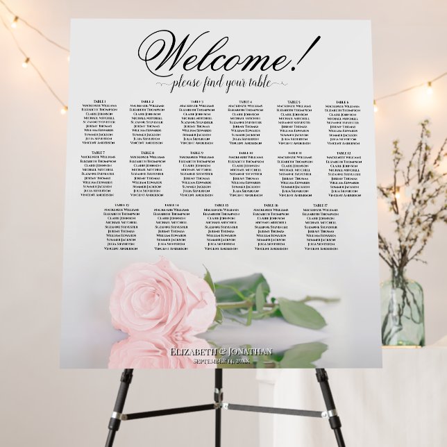 Welcome! Pink Rose 17 Table Wedding Seating Chart Foam Board (In Situ (Stand))