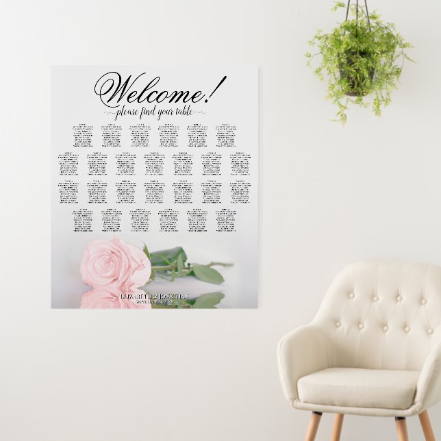 Welcome! Pink Rose 26 Table Wedding Seating Chart Foam Board (In Situ (Wall))