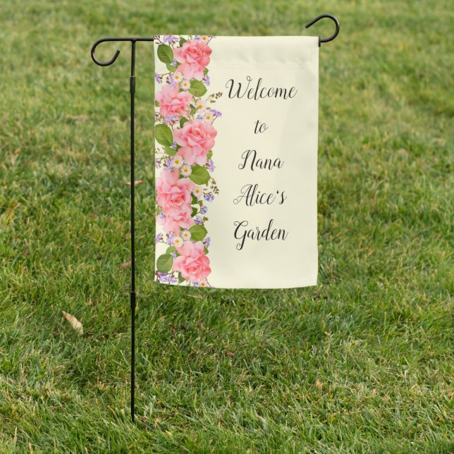 Welcome Pink Roses Border Personalized Garden Flag (In SItu)