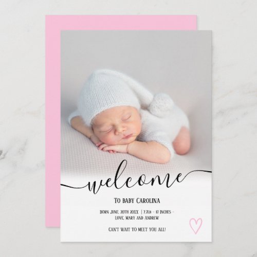 Welcome pink script heart photo girl baby birth announcement