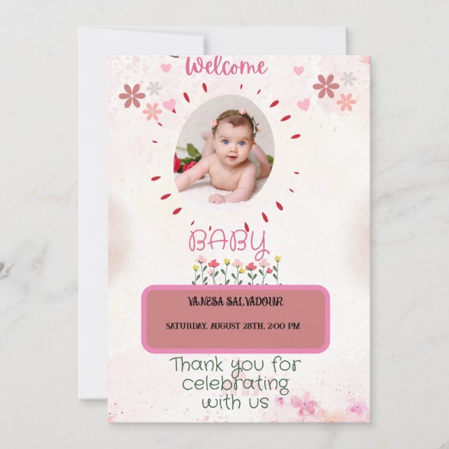 welcome pink Watercolor Baby  Invitation (Front)