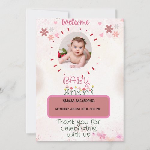 welcome pink Watercolor Baby  Invitation