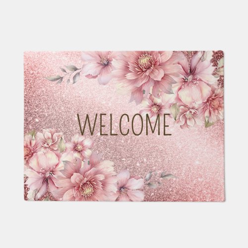 Welcome Pink Watercolor Flowers Shiny Glitter Doormat