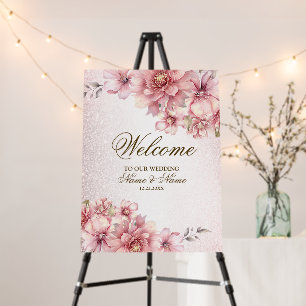 Welcome Pink Watercolor Flowers Shiny Glitter Foam Board
