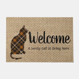 Welcome - plaid cat in burlap look doormat