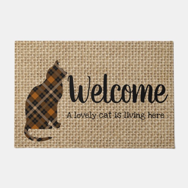 Welcome - plaid cat in burlap look doormat (Front)