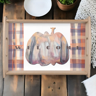Welcome plaid pumpkin orange purple cream white  serving tray