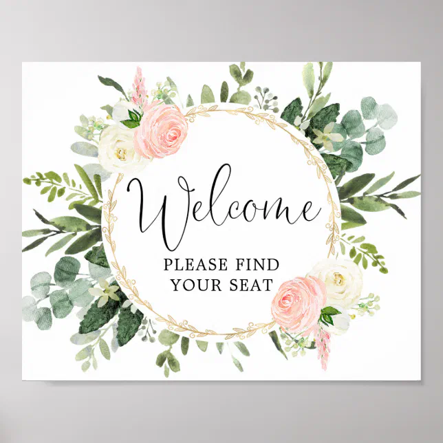 Welcome please find your seat sign pink greenery | Zazzle