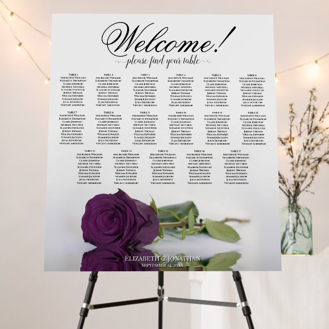 Welcome! Plum Purple Rose 17 Table Seating Chart Foam Board (In Situ (Stand))