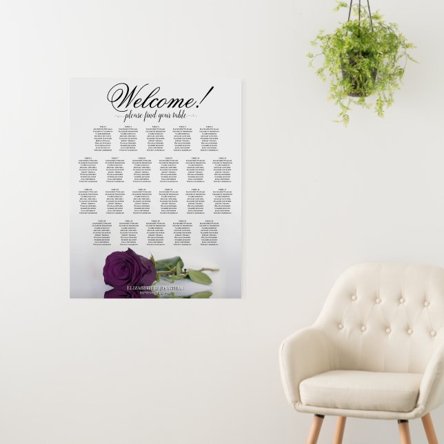Welcome! Plum Purple Rose 22 Table Seating Chart Foam Board (In Situ (Wall))