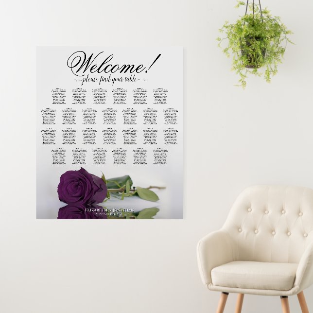 Welcome! Plum Purple Rose 26 Table Seating Chart Foam Board (In Situ (Wall))
