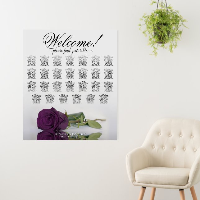 Welcome! Plum Purple Rose 27 Table Seating Chart Foam Board (In Situ (Wall))