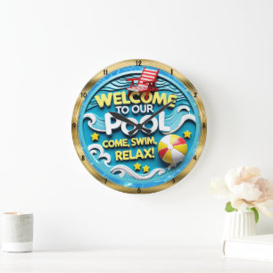 Welcome Pool Fun Summer Relax Large Clock