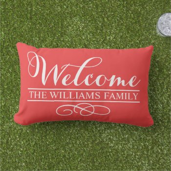 Welcome Poppy Red Custom Last Name Outdoor Pillow by plushpillows at Zazzle