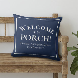 Welcome Porch Custom Family Blue & White Modern Outdoor Pillow