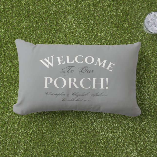 Welcome Porch Custom Gray Elegant Calligraphy Chic Lumbar Pillow (Grass)