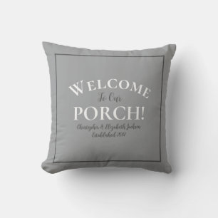 Welcome Porch Custom Trendy Gray Black Calligraphy Outdoor Pillow