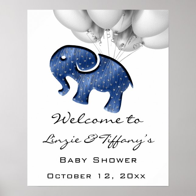 Welcome Poster Baby Shower Blue Navy  Elephant (Front)