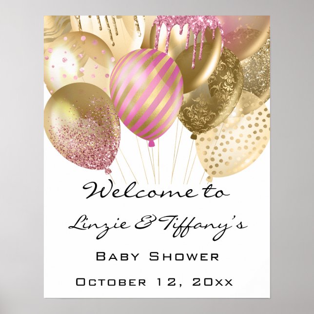 Welcome Poster Baby Shower Pink Gold Ballons (Front)