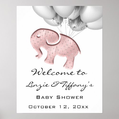 Welcome Poster Baby Shower Pink Gray Elephant