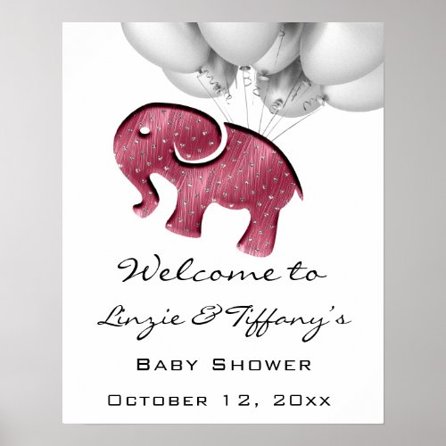 Welcome Poster Burgundy Baby girl Shower Elephant