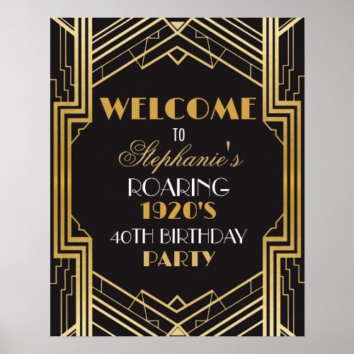 Welcome Poster Gatsby Art Deco Gold Birthday Sign