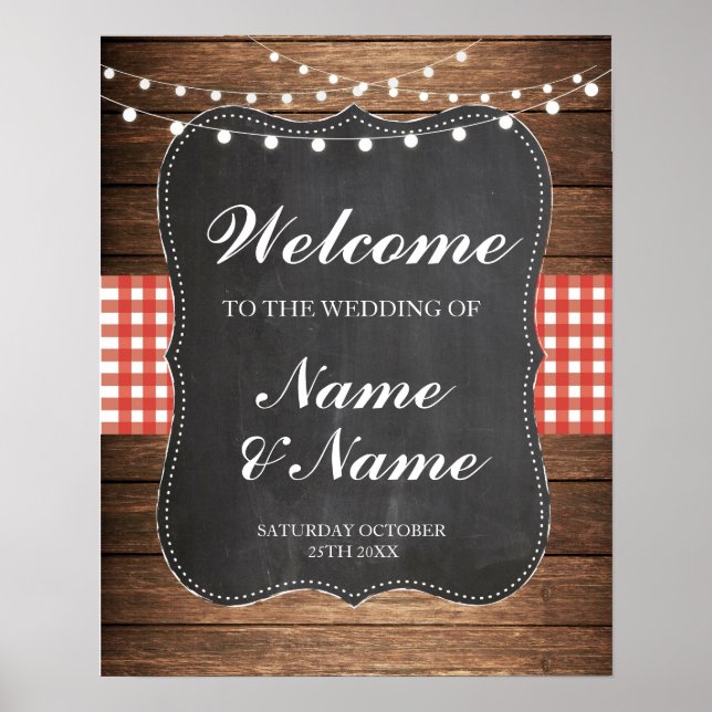 Welcome Poster Red Check Sign Wedding Wood Poster (Front)