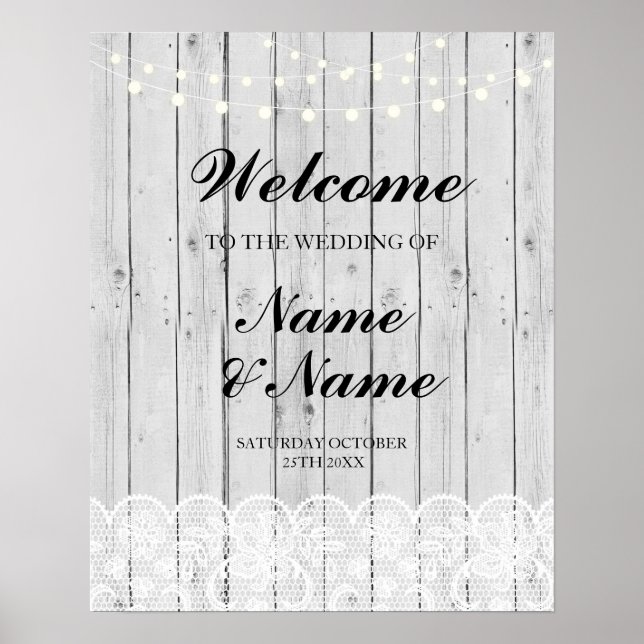 Welcome Poster Sign Wedding Lace Gray Wood Poster (Front)