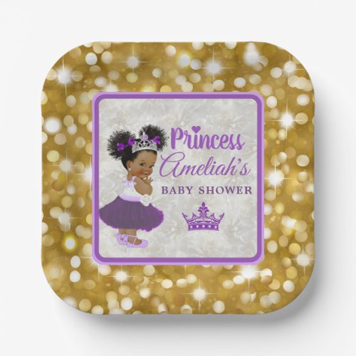 Welcome Princess Purple  Gold Glitter Elegant Paper Plates