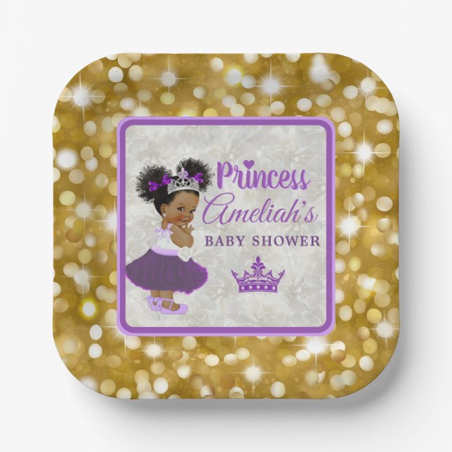 Welcome Princess Purple & Gold Glitter Elegant Paper Plates (Front)