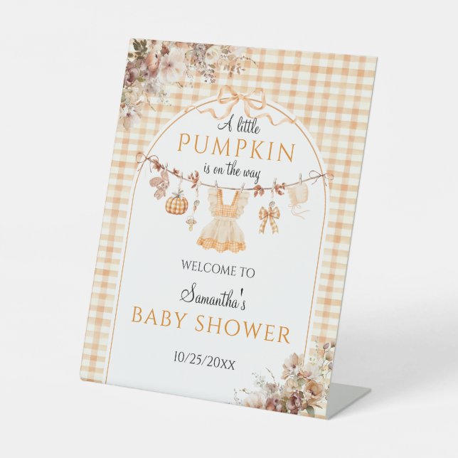 Welcome Pumpkin Girl Modern Fall Baby Shower Pedestal Sign (Front)