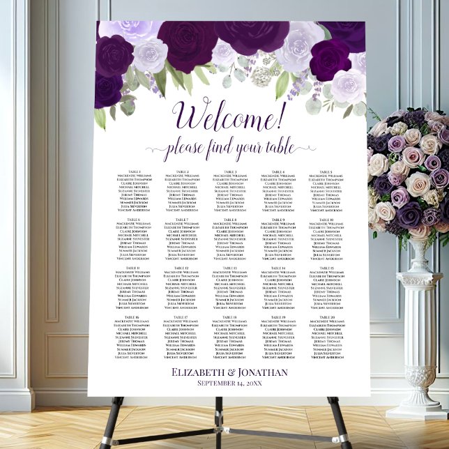 Welcome! Purple Boho Roses 20 Table Seating Chart Foam Board (On Stand)